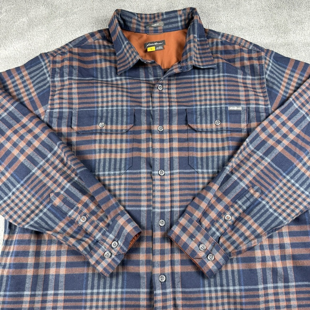 Eddie Bauer Travex 2XL Flannel Shirt Men's Blue Plaid Classic Fit Button Up
